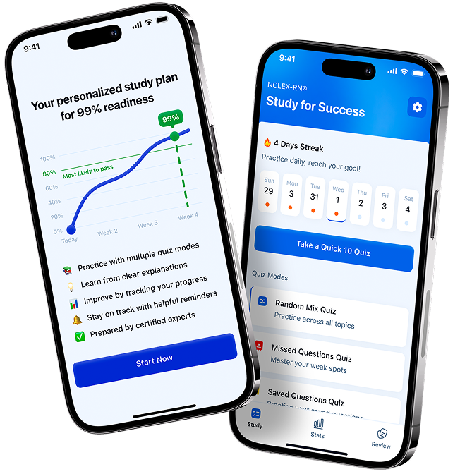ExamReady app screens: question bank, performance analytics and study guides on three phones